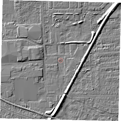 Shaded relief map of the ground around HU54JG, computed from Environment Agency LiDAR. The ground here sits at about 2 m above sea level and falls 7 m across the surrounding 800 m. Surface water reaching this point runs off ground lying to the south-west, 1.3 m higher.