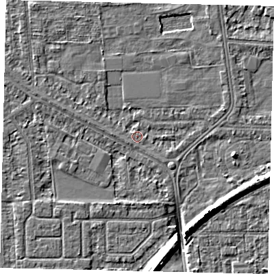 Shaded relief map of the ground around HU54JS, computed from Environment Agency LiDAR. The ground here sits at about 2 m above sea level and falls 8 m across the surrounding 800 m. Surface water reaching this point runs off ground lying to the east-south-east, 0.9 m higher.
