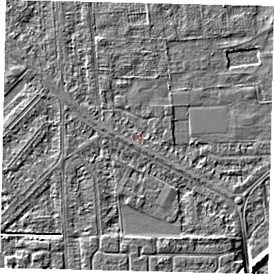 Shaded relief map of the ground around HU54JT, computed from Environment Agency LiDAR. The ground here sits at about 2 m above sea level and falls 7 m across the surrounding 800 m. Surface water reaching this point runs off ground lying to the south-west, 0.9 m higher.