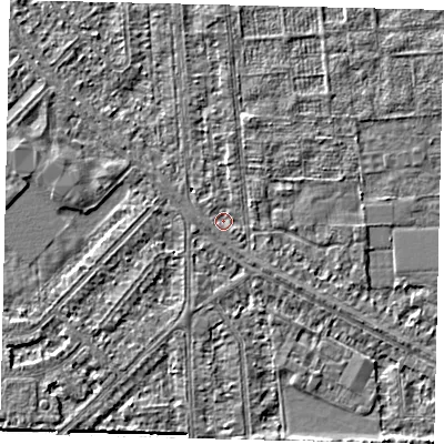 Shaded relief map of the ground around HU54JU, computed from Environment Agency LiDAR. The ground here sits at about 2 m above sea level and falls 3 m across the surrounding 800 m. Surface water reaching this point runs off ground lying to the west-south-west, 0.9 m higher.