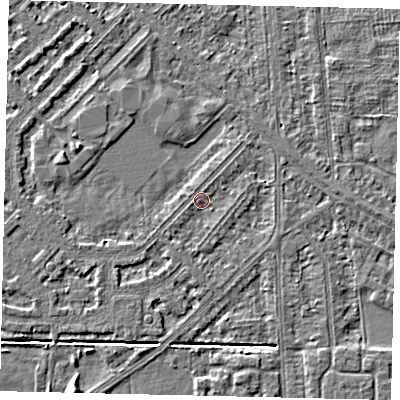 Shaded relief map of the ground around HU54JX, computed from Environment Agency LiDAR. The ground here sits at about 2 m above sea level and falls 4 m across the surrounding 800 m. Surface water reaching this point runs off ground lying to the south-south-west, 0.9 m higher.