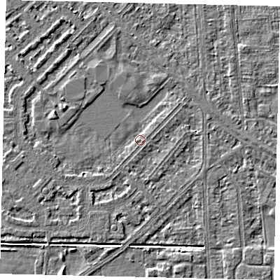 Shaded relief map of the ground around HU54JY, computed from Environment Agency LiDAR. The ground here sits at about 2 m above sea level and falls 3 m across the surrounding 800 m. Surface water reaching this point runs off ground lying to the west, 1.2 m higher.
