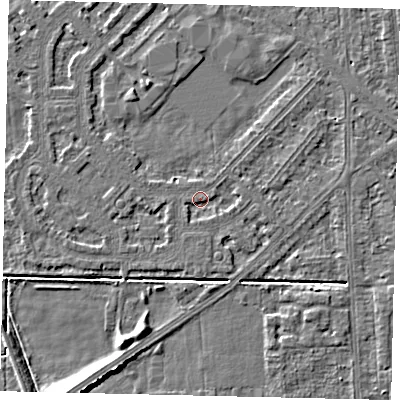 Shaded relief map of the ground around HU54JZ, computed from Environment Agency LiDAR. The ground here sits at about 2 m above sea level and falls 7 m across the surrounding 800 m. Surface water reaching this point runs off ground lying to the west-north-west, 0.6 m higher.