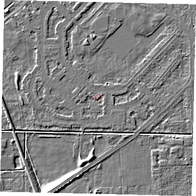Shaded relief map of the ground around HU54LA, computed from Environment Agency LiDAR. The ground here sits at about 2 m above sea level and falls 8 m across the surrounding 800 m. Surface water reaching this point runs off ground lying to the west, 1.1 m higher.