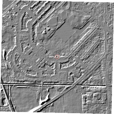 Shaded relief map of the ground around HU54LB, computed from Environment Agency LiDAR. The ground here sits at about 1 m above sea level and falls 5 m across the surrounding 800 m. Surface water reaching this point runs off ground lying to the north-west, 1.4 m higher.