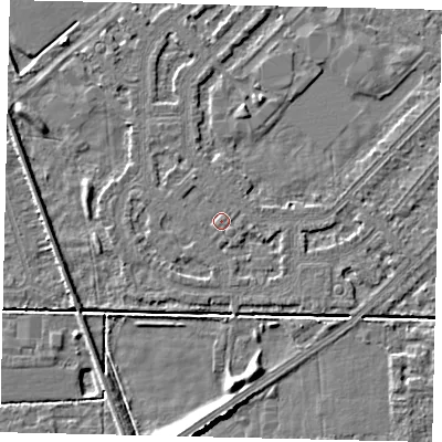Shaded relief map of the ground around HU54LD, computed from Environment Agency LiDAR. The ground here sits at about 2 m above sea level and falls 6 m across the surrounding 800 m. Surface water reaching this point runs off ground lying to the west, 0.6 m higher.