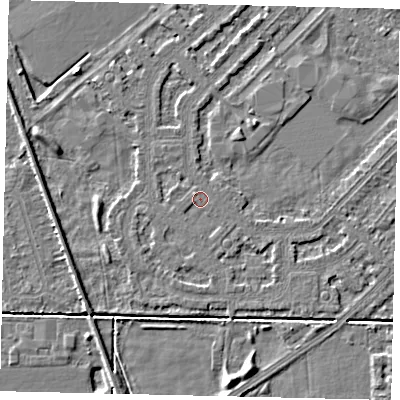 Shaded relief map of the ground around HU54LE, computed from Environment Agency LiDAR. The ground here sits at about 2 m above sea level and falls 4 m across the surrounding 800 m. Surface water reaching this point runs off ground lying to the north-west, 1.3 m higher.