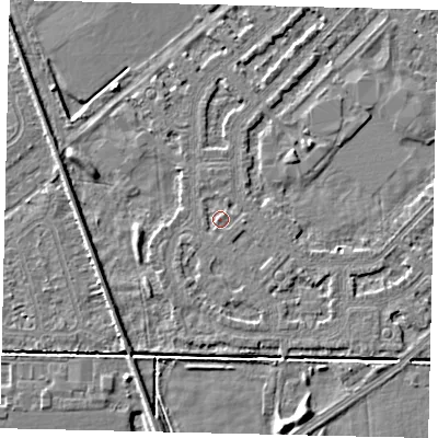 Shaded relief map of the ground around HU54LF, computed from Environment Agency LiDAR. The ground here sits at about 2 m above sea level and falls 4 m across the surrounding 800 m. Surface water reaching this point runs off ground lying to the north-north-west, 0.8 m higher.