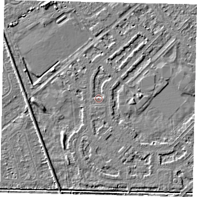 Shaded relief map of the ground around HU54LG, computed from Environment Agency LiDAR. The ground here sits at about 2 m above sea level and falls 4 m across the surrounding 800 m. Surface water reaching this point runs off ground lying to the north-north-east, 0.8 m higher.