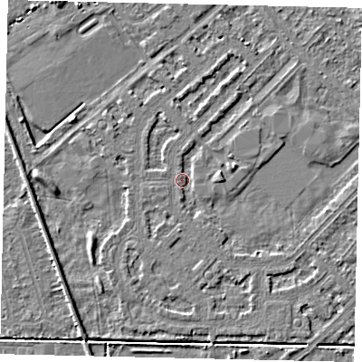 Shaded relief map of the ground around HU54LH, computed from Environment Agency LiDAR. The ground here sits at about 2 m above sea level and falls 3 m across the surrounding 800 m. Surface water reaching this point runs off ground lying to the west-north-west, 1.3 m higher.