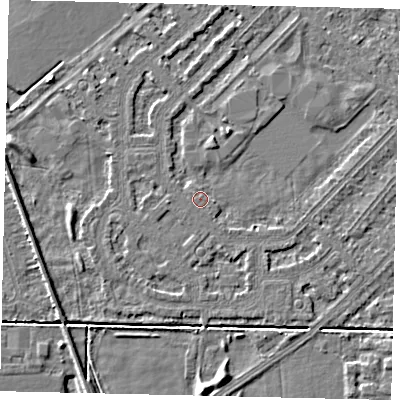 Shaded relief map of the ground around HU54LJ, computed from Environment Agency LiDAR. The ground here sits at about 2 m above sea level and falls 4 m across the surrounding 800 m. Surface water reaching this point runs off ground lying to the north-west, 1.4 m higher.