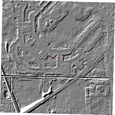 Shaded relief map of the ground around HU54LL, computed from Environment Agency LiDAR. The ground here sits at about 2 m above sea level and falls 8 m across the surrounding 800 m. Surface water reaching this point runs off ground lying to the west, 1.1 m higher.