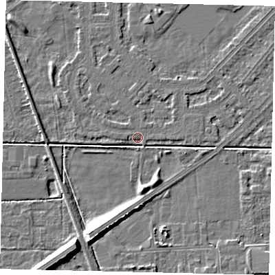 Shaded relief map of the ground around HU54LN, computed from Environment Agency LiDAR. The ground here sits at about 2 m above sea level and falls 9 m across the surrounding 800 m. Surface water reaching this point runs off ground lying to the north-north-east, 1.1 m higher.