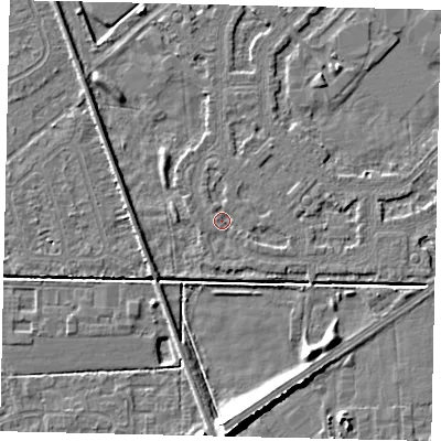 Shaded relief map of the ground around HU54LP, computed from Environment Agency LiDAR. The ground here sits at about 2 m above sea level and falls 9 m across the surrounding 800 m. Surface water reaching this point runs off ground lying to the east-south-east, 0.9 m higher.