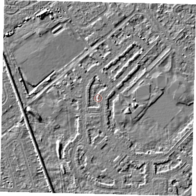 Shaded relief map of the ground around HU54LQ, computed from Environment Agency LiDAR. The ground here sits at about 2 m above sea level and falls 3 m across the surrounding 800 m. Surface water reaching this point runs off ground lying to the west-north-west, 1.3 m higher.