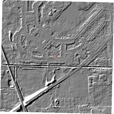 Shaded relief map of the ground around HU54LR, computed from Environment Agency LiDAR. The ground here sits at about 2 m above sea level and falls 9 m across the surrounding 800 m. Surface water reaching this point runs off ground lying to the north-north-west, 1.1 m higher.
