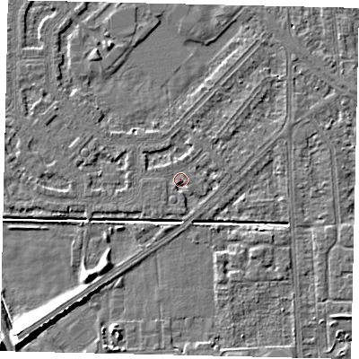 Shaded relief map of the ground around HU54LS, computed from Environment Agency LiDAR. The ground here sits at about 2 m above sea level and falls 9 m across the surrounding 800 m. Surface water reaching this point runs off ground lying to the east-south-east, 0.5 m higher.