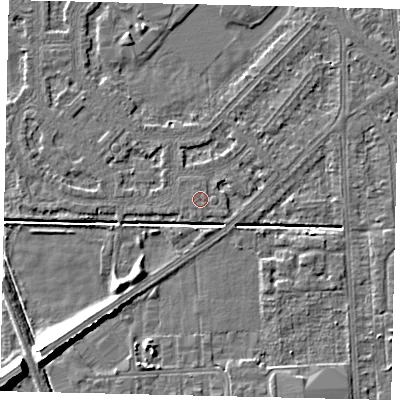 Shaded relief map of the ground around HU54LT, computed from Environment Agency LiDAR. The ground here sits at about 2 m above sea level and falls 9 m across the surrounding 800 m. The ground contributing surface water to this point lies to the south-east.