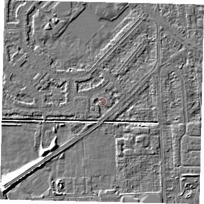 Shaded relief map of the ground around HU54LU, computed from Environment Agency LiDAR. The ground here sits at about 2 m above sea level and falls 9 m across the surrounding 800 m. Surface water reaching this point runs off ground lying to the north-west, 1.1 m higher.