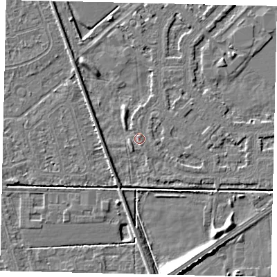 Shaded relief map of the ground around HU54LW, computed from Environment Agency LiDAR. The ground here sits at about 2 m above sea level and falls 7 m across the surrounding 800 m. The ground contributing surface water to this point lies to the north-west.