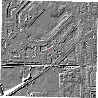 Shaded relief map of the ground around HU54LX, computed from Environment Agency LiDAR. The ground here sits at about 2 m above sea level and falls 8 m across the surrounding 800 m. Surface water reaching this point runs off ground lying to the south-south-east, 0.5 m higher.