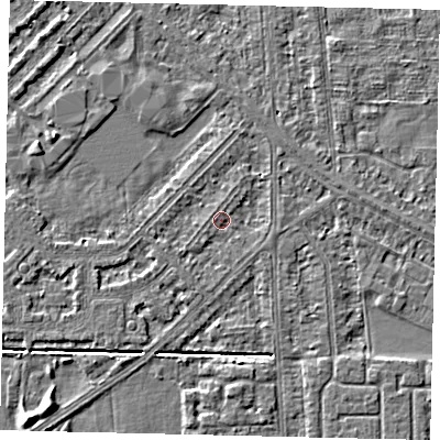 Shaded relief map of the ground around HU54NB, computed from Environment Agency LiDAR. The ground here sits at about 2 m above sea level and falls 5 m across the surrounding 800 m. Surface water reaching this point runs off ground lying to the south-west, 0.9 m higher.