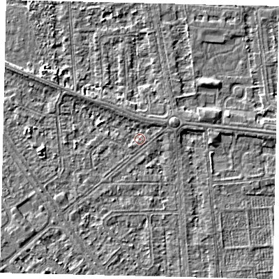Shaded relief map of the ground around HU54NJ, computed from Environment Agency LiDAR. The ground here sits at about 2 m above sea level and falls 3 m across the surrounding 800 m. Surface water reaching this point runs off ground lying to the north, 1.4 m higher.