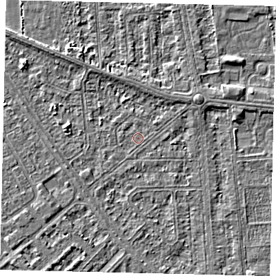 Shaded relief map of the ground around HU54NL, computed from Environment Agency LiDAR. The ground here sits at about 2 m above sea level and falls 3 m across the surrounding 800 m. Surface water reaching this point runs off ground lying to the north-east, 1.4 m higher.