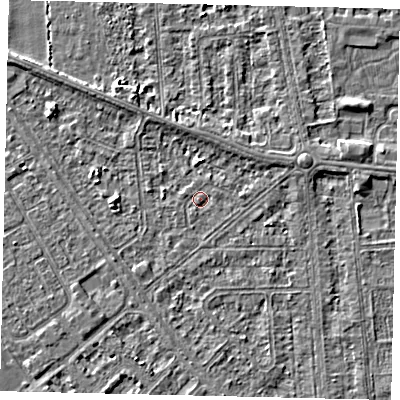 Shaded relief map of the ground around HU54NN, computed from Environment Agency LiDAR. The ground here sits at about 2 m above sea level and falls 3 m across the surrounding 800 m. Surface water reaching this point runs off ground lying to the east-north-east, 1.4 m higher.