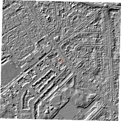 Shaded relief map of the ground around HU54NS, computed from Environment Agency LiDAR. The ground here sits at about 2 m above sea level and falls 2 m across the surrounding 800 m. Surface water reaching this point runs off ground lying to the south-west, 1.5 m higher.