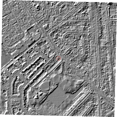 Shaded relief map of the ground around HU54NT, computed from Environment Agency LiDAR. The ground here sits at about 2 m above sea level and falls 2 m across the surrounding 800 m. Surface water reaching this point runs off ground lying to the south-south-west, 1.7 m higher.
