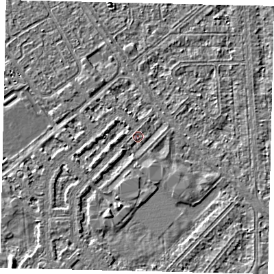 Shaded relief map of the ground around HU54NU, computed from Environment Agency LiDAR. The ground here sits at about 2 m above sea level and falls 2 m across the surrounding 800 m. Surface water reaching this point runs off ground lying to the south-south-west, 1.7 m higher.