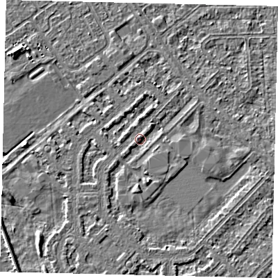 Shaded relief map of the ground around HU54NX, computed from Environment Agency LiDAR. The ground here sits at about 2 m above sea level and falls 3 m across the surrounding 800 m. Surface water reaching this point runs off ground lying to the south, 1.8 m higher.