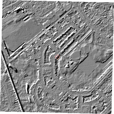 Shaded relief map of the ground around HU54NY, computed from Environment Agency LiDAR. The ground here sits at about 2 m above sea level and falls 3 m across the surrounding 800 m. Surface water reaching this point runs off ground lying to the north-north-east, 1.2 m higher.
