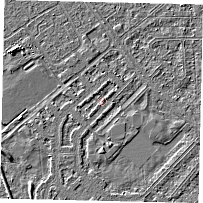 Shaded relief map of the ground around HU54NZ, computed from Environment Agency LiDAR. The ground here sits at about 2 m above sea level and falls 3 m across the surrounding 800 m. Surface water reaching this point runs off ground lying to the north-east, 1.3 m higher.