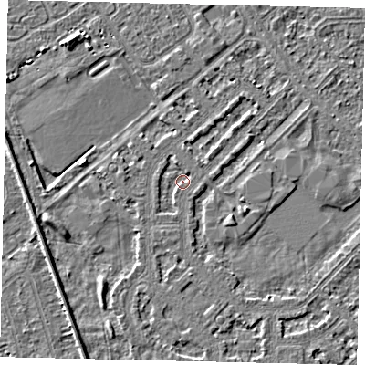 Shaded relief map of the ground around HU54PA, computed from Environment Agency LiDAR. The ground here sits at about 2 m above sea level and falls 3 m across the surrounding 800 m. Surface water reaching this point runs off ground lying to the west, 1.3 m higher.