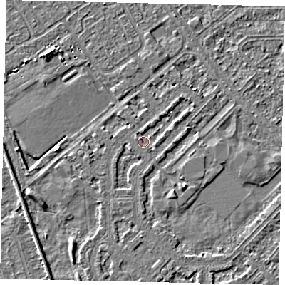 Shaded relief map of the ground around HU54PB, computed from Environment Agency LiDAR. The ground here sits at about 2 m above sea level and falls 3 m across the surrounding 800 m. Surface water reaching this point runs off ground lying to the east-north-east, 1.3 m higher.