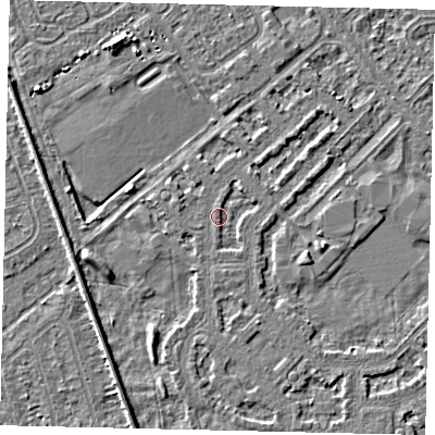 Shaded relief map of the ground around HU54PD, computed from Environment Agency LiDAR. The ground here sits at about 2 m above sea level and falls 3 m across the surrounding 800 m. Surface water reaching this point runs off ground lying to the west, 0.8 m higher.