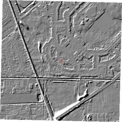 Shaded relief map of the ground around HU54PF, computed from Environment Agency LiDAR. The ground here sits at about 2 m above sea level and falls 9 m across the surrounding 800 m. Surface water reaching this point runs off ground lying to the south-east, 0.9 m higher.