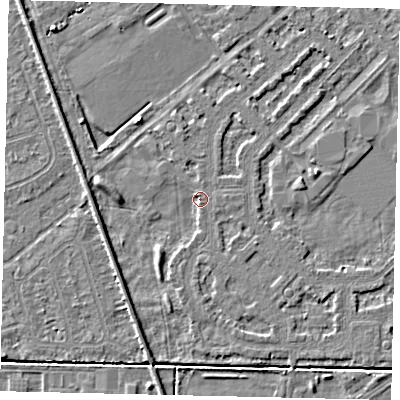 Shaded relief map of the ground around HU54PG, computed from Environment Agency LiDAR. The ground here sits at about 2 m above sea level and falls 4 m across the surrounding 800 m. Surface water reaching this point runs off ground lying to the north-west, 3.4 m higher.