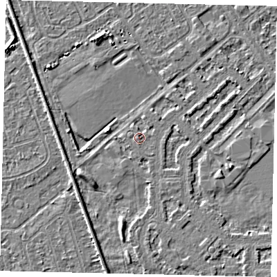 Shaded relief map of the ground around HU54PH, computed from Environment Agency LiDAR. The ground here sits at about 2 m above sea level and falls 4 m across the surrounding 800 m. Surface water reaching this point runs off ground lying to the south-west, 0.7 m higher.