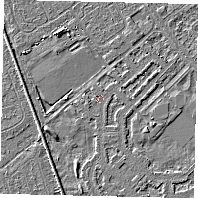 Shaded relief map of the ground around HU54PJ, computed from Environment Agency LiDAR. The ground here sits at about 2 m above sea level and falls 3 m across the surrounding 800 m. Surface water reaching this point runs off ground lying to the west-south-west, 1.3 m higher.