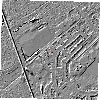 Shaded relief map of the ground around HU54PL, computed from Environment Agency LiDAR. The ground here sits at about 2 m above sea level and falls 3 m across the surrounding 800 m. Surface water reaching this point runs off ground lying to the west-south-west, 1.0 m higher.
