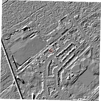 Shaded relief map of the ground around HU54PN, computed from Environment Agency LiDAR. The ground here sits at about 2 m above sea level and falls 3 m across the surrounding 800 m. Surface water reaching this point runs off ground lying to the south-west, 0.9 m higher.