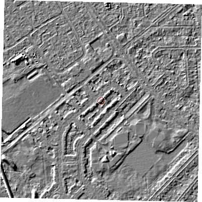 Shaded relief map of the ground around HU54PP, computed from Environment Agency LiDAR. The ground here sits at about 2 m above sea level and falls 3 m across the surrounding 800 m. Surface water reaching this point runs off ground lying to the east-south-east, 1.3 m higher.