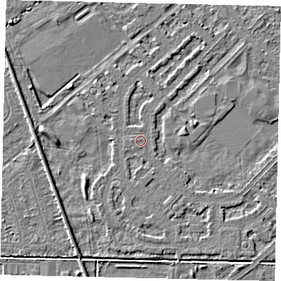 Shaded relief map of the ground around HU54PQ, computed from Environment Agency LiDAR. The ground here sits at about 2 m above sea level and falls 4 m across the surrounding 800 m. Surface water reaching this point runs off ground lying to the north-west, 1.3 m higher.