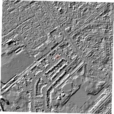 Shaded relief map of the ground around HU54PR, computed from Environment Agency LiDAR. The ground here sits at about 2 m above sea level and falls 3 m across the surrounding 800 m. Surface water reaching this point runs off ground lying to the south-south-east, 1.3 m higher.