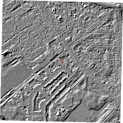 Shaded relief map of the ground around HU54PS, computed from Environment Agency LiDAR. The ground here sits at about 2 m above sea level and falls 3 m across the surrounding 800 m. Surface water reaching this point runs off ground lying to the south-east, 1.5 m higher.