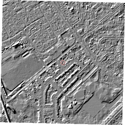 Shaded relief map of the ground around HU54PT, computed from Environment Agency LiDAR. The ground here sits at about 2 m above sea level and falls 3 m across the surrounding 800 m. Surface water reaching this point runs off ground lying to the west-south-west, 0.8 m higher.