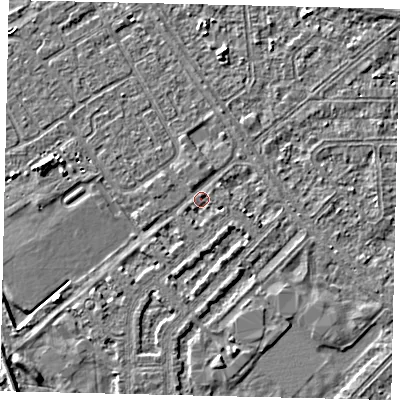 Shaded relief map of the ground around HU54PU, computed from Environment Agency LiDAR. The ground here sits at about 2 m above sea level and falls 3 m across the surrounding 800 m. Surface water reaching this point runs off ground lying to the west-north-west, 2.5 m higher.